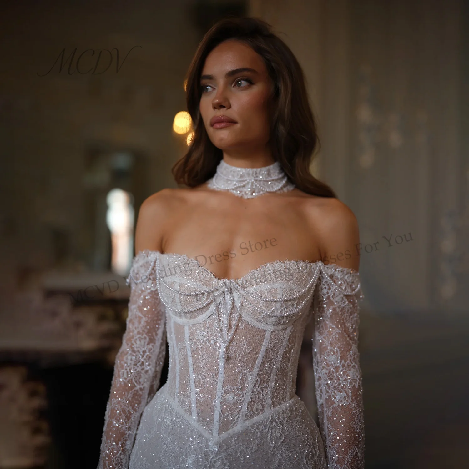 Off Shoulder Long Sleeve Wedding Mini Dress Glitter Sweetheart Lace Corset Lace Up Back Short Bridal Reception Gown Customized