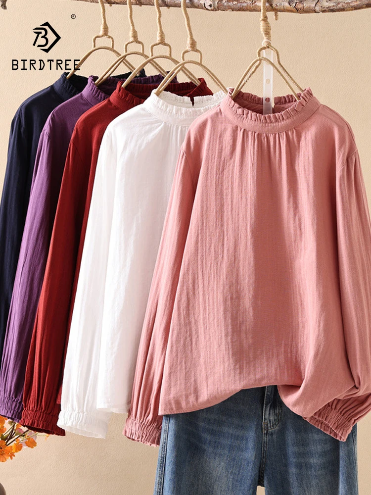 

Новая женская хлопковая блузка с длинным рукавом, весна 2026, с рюшами, однотонная, в стиле Mori Girl, японский стиль, простая свободная блузка в стиле OL T61853CC