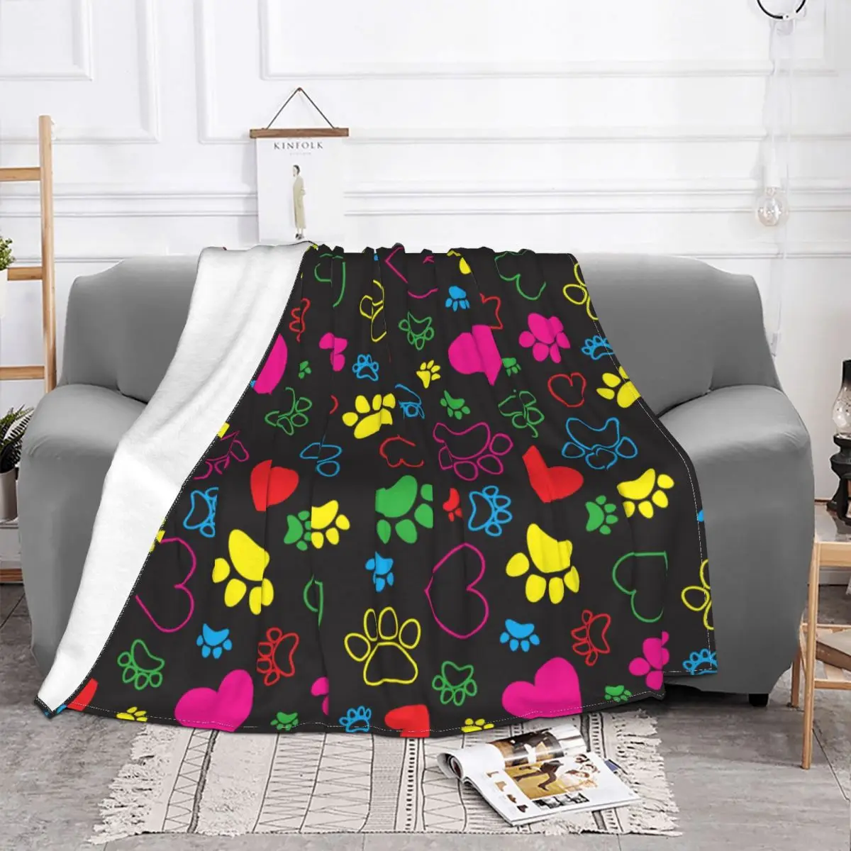 Cute Animal Paws Cat Dog Fleece Blankets Colorful Hearts Awesome Throw Blanket for Home 200x150cm