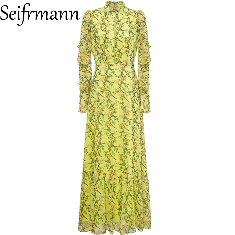 Seifrmann 女性エレガントな菌ロングドレススタンドカラー長袖ファッションプリントカジュアルホリデーボールガウンドレス