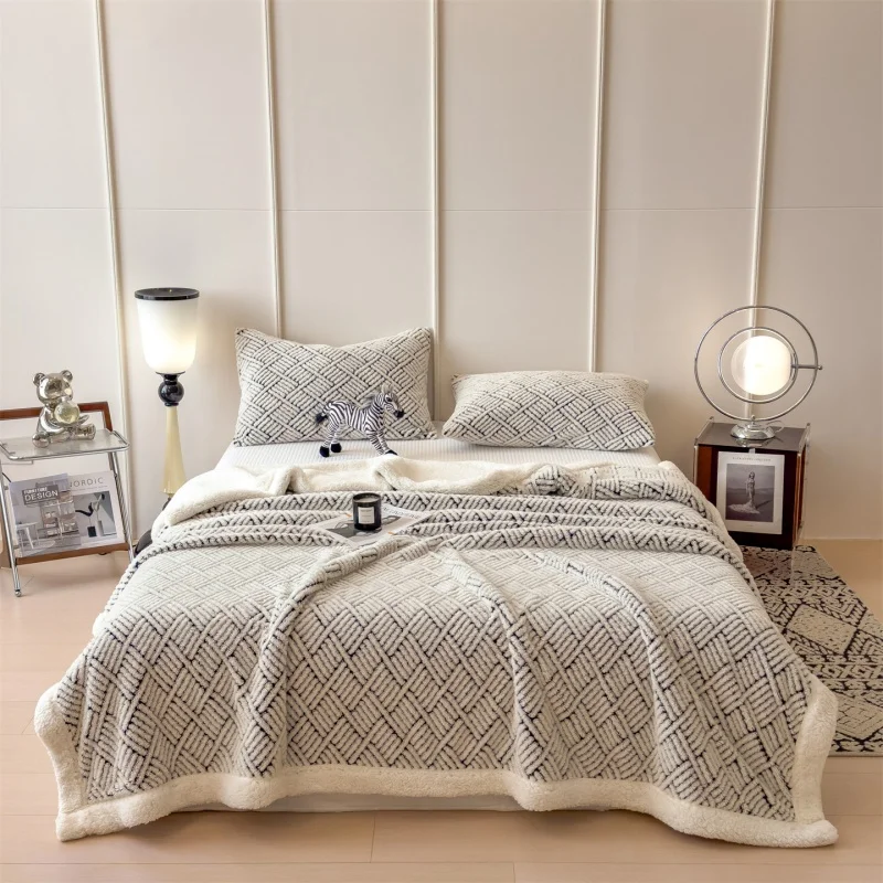

Wool Fleece AB Side Throw Blanket Winter Soft Warm Thick Double Bed Cover Jacquard Stripe Grid Bedspread Drop Shipping 150*200cm
