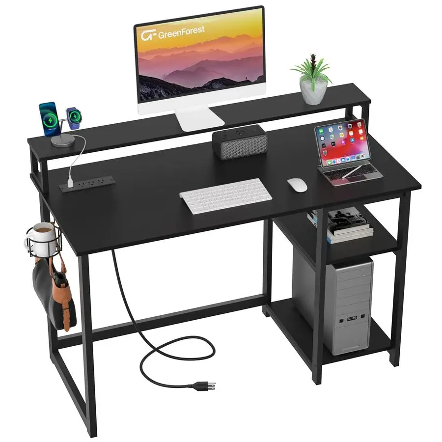 

40 inch Computer Desk with Power Outlets, Small Home Office Desk with Ergonomic Monitor Stand, Reversible Gaming Desk, Modern St