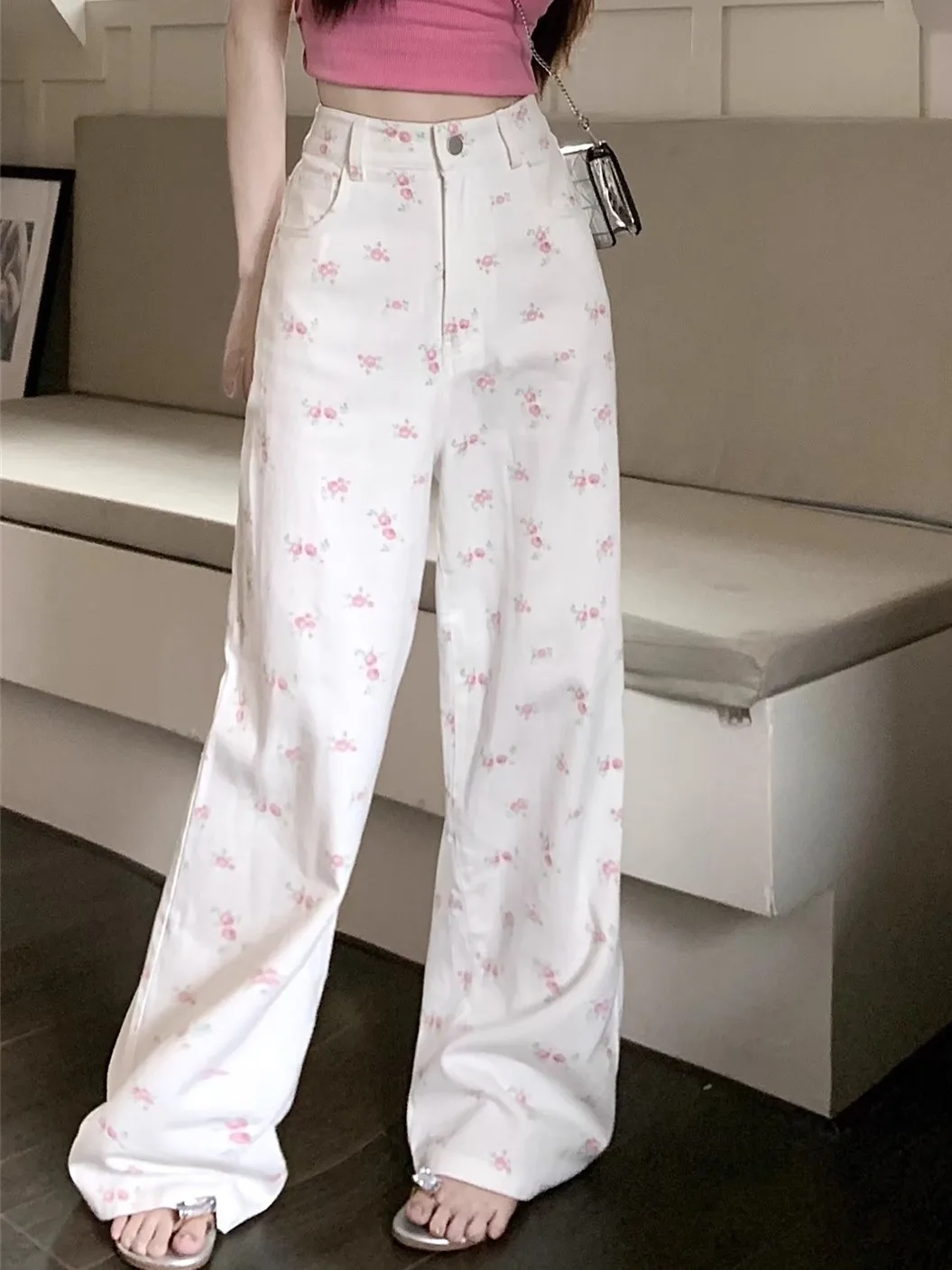 

ZHISILAO New White Straight Jeans Women Vintage Floral Print Denim Pants Streetwear Spring 2024