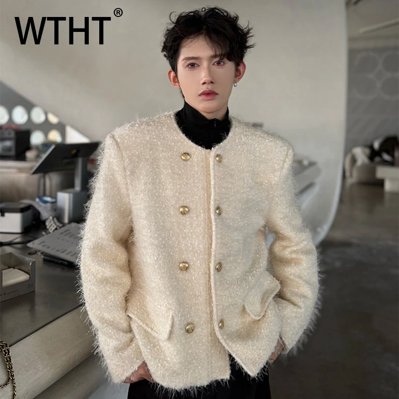 

WTHT Fashion Men's Solid Color Burr Edge Design Casual Coats Trendy 2025 Autumn Round Neck Double-breasted Jackets Male 2A1670