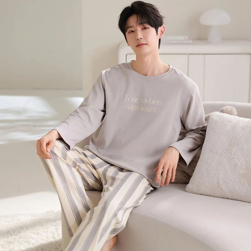 2026 Autumn Long Sleeve 100% Cotton Casual Striped Pajama Sets for Men Korean Loose Sleepwear Pyjamas Male Homewear Home Clothes