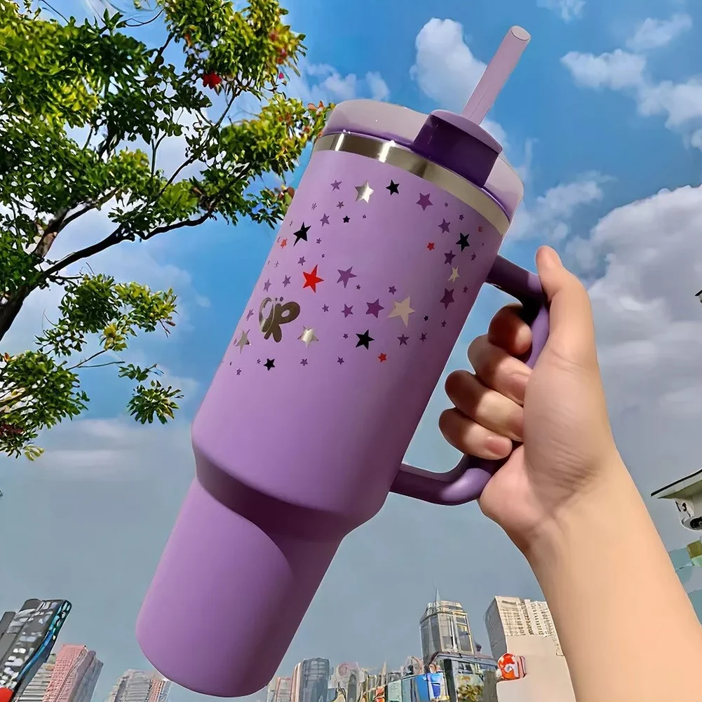 40oz Cup Tumbler with Handle Lid Straw Stainless Steel Vacuum Cups Travel Car Mug Large Capacity Water Bottle Purple （No Logo）