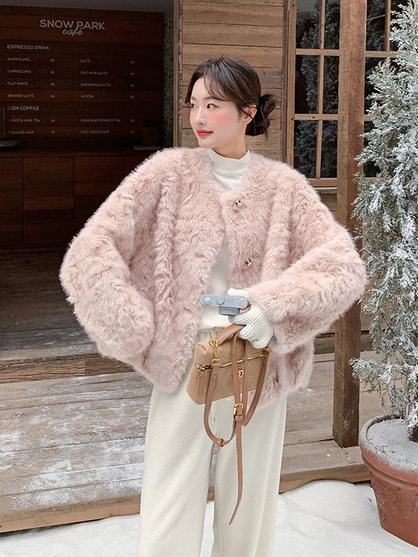 핑크 방수 양털 자켓 여성용 가을 겨울 따뜻한 캐주얼 루즈핏 롱 슬리브 라운드 넥 코트