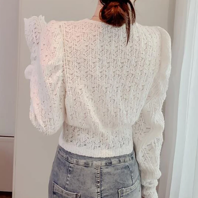 Women\'s Clothing 2024 Vintage Sexy Lace Solid Sweet Chic Single Breasted Blouses Female Casual V Neck Long Sleeve Slim Crop Tops