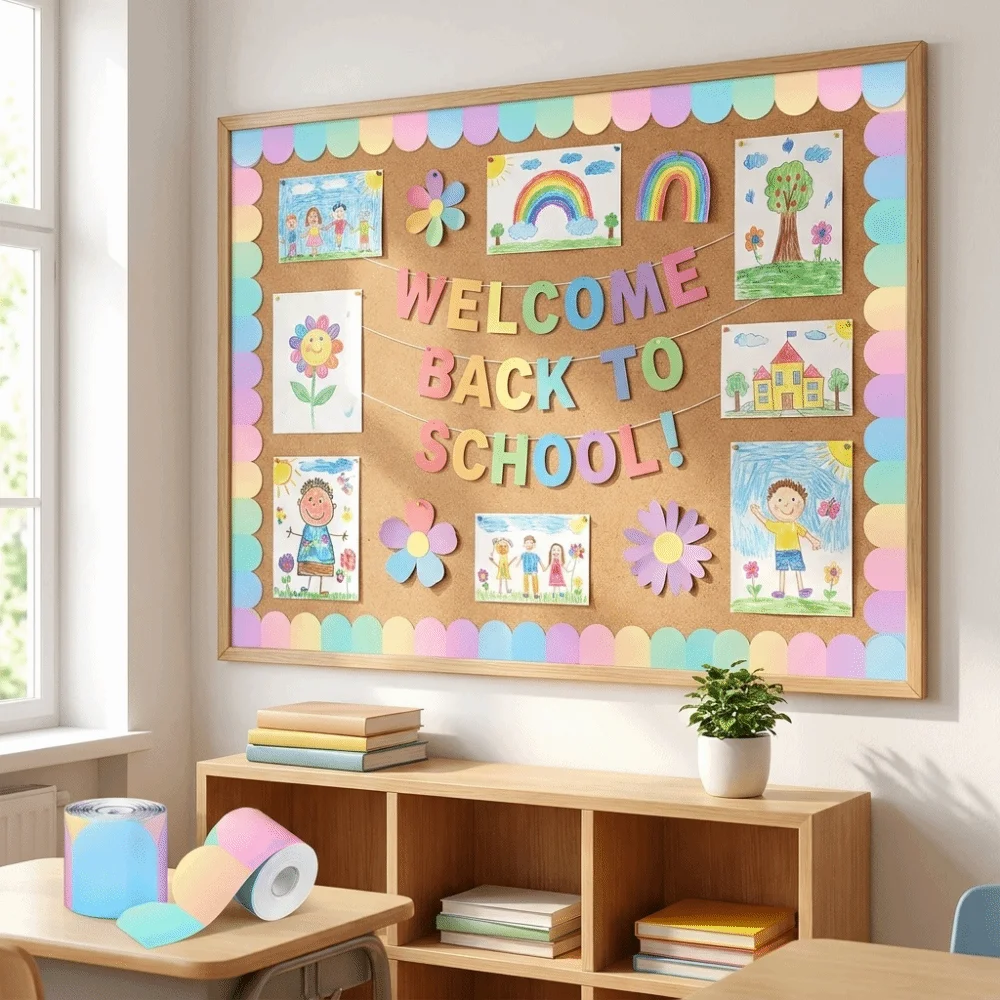 Self-Adhesive Blackboards Border Detachable Colorful Scalloped Border Stickers 20.0 Meter Roll Rainbow Wall Decorative Border