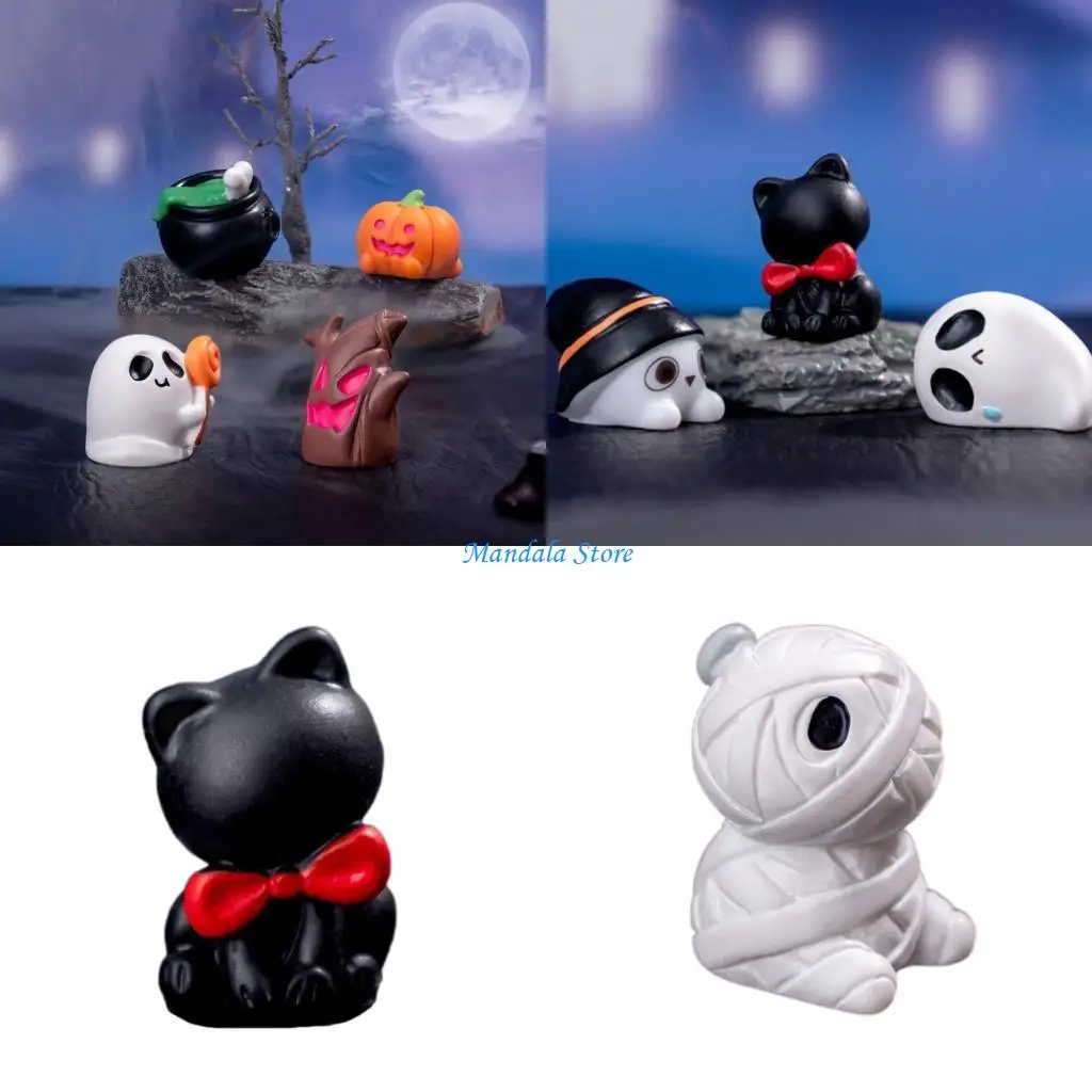 

U2JC Seasonal Halloween Pumpkin Ghostly Bat Elf Miniature Figurines Resins Statues Ornament for Festival Home Office Accent