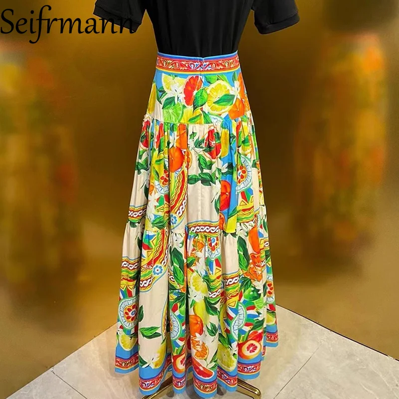 Seifrmann Fruit Printed Cotton Half Skirt for Autumn 2025, Countryside Style Flower Color Long Half Skirt