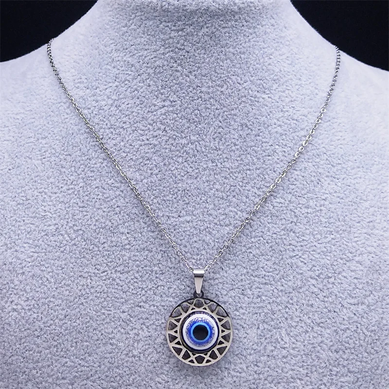 Fashion Turkish Blue Eye Pendant Necklace Stainless Steel Silver Color Blue Lucky Eyes Necklaces Gift Jewelry Collier N8023S01