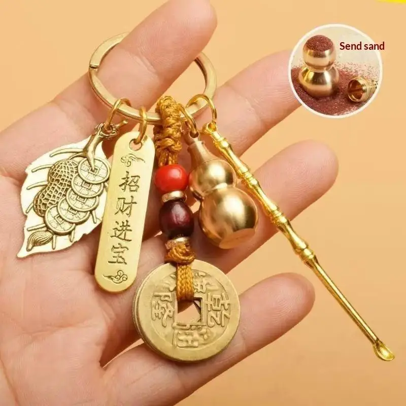 Chinesischer Stil Tierkreiszeichen Messing-Kürbis Fünf-Kaiser-Geld-Schlüsselanhänger Metall Fengshui Anhänger R-Tasche Schlüsselring Dekoration Geschenk Accessoire – Detail 3