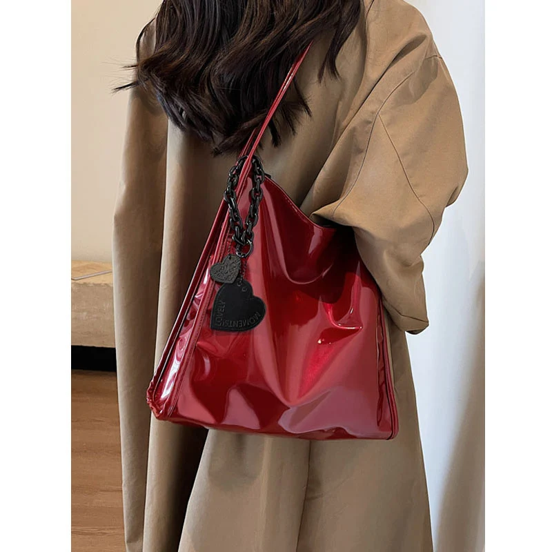 Red Patent Leather Glossy Tote Bag For Ladies Large Capacity Versatile Women\'s Handbags Student Commuting Shoulder Underarm Bags