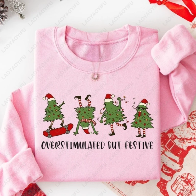 سويت شيرت كبير الحجم مطبوع عليه شجرة عيد الميلاد الاحتفالية للجنسين، مضحك ميمي ريترو كاجوال هودي شتوي بتصميم بسيط ورقبة دائرية #3