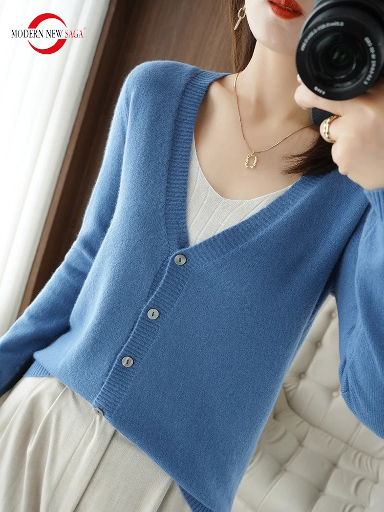 

MODERN NEW SAGA Women Knitted Cardigan Sweater Spring Wool Sweater Long Sleeve Autumn Fashion Sweater Cardigans V-neck Vintage