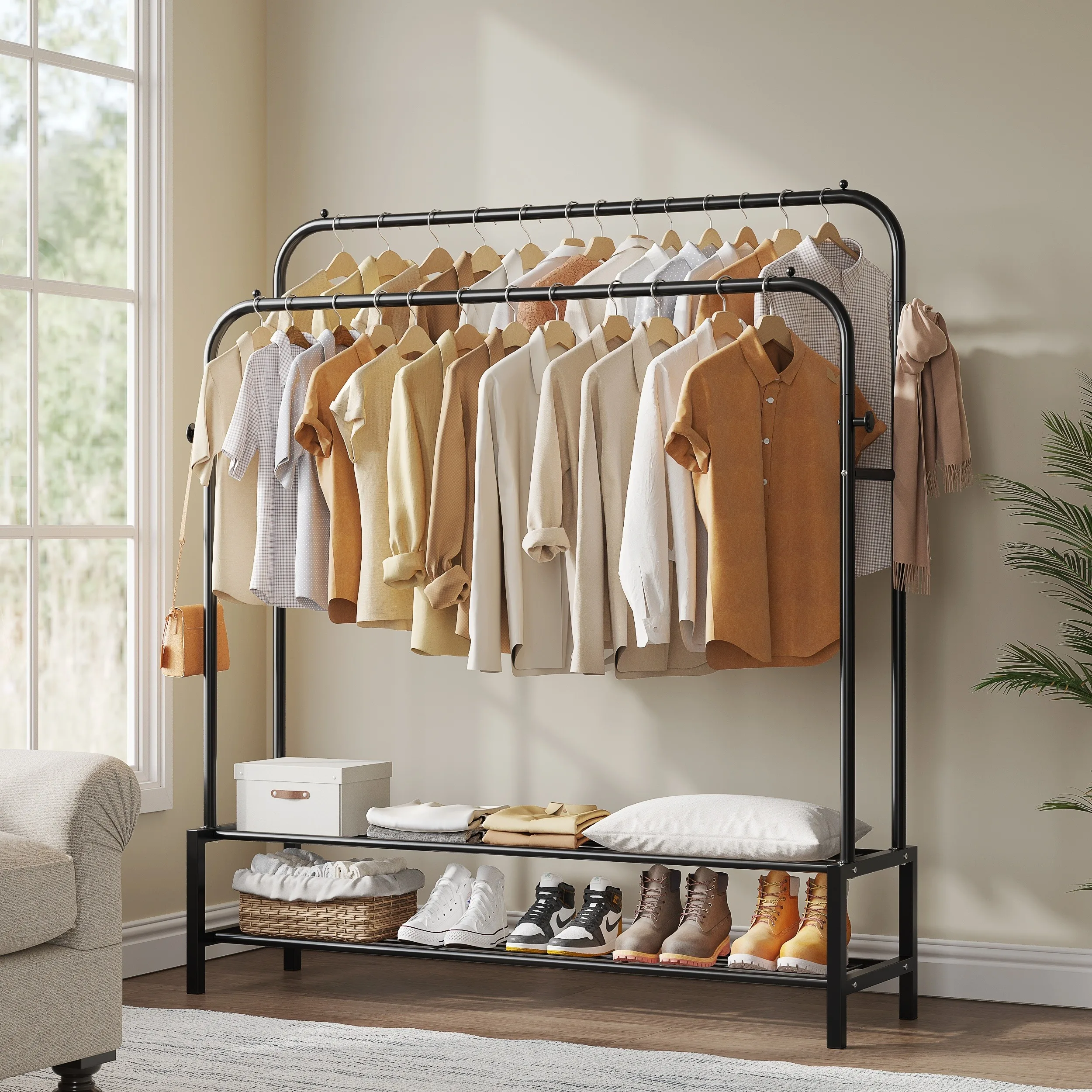 Metal Clothes Rack, Bedroom Hanger with 2 Hanging Rods, Portable Heavy Duty Clothes Rack with 4 Hooks, 3 Side Shelves and Bottom