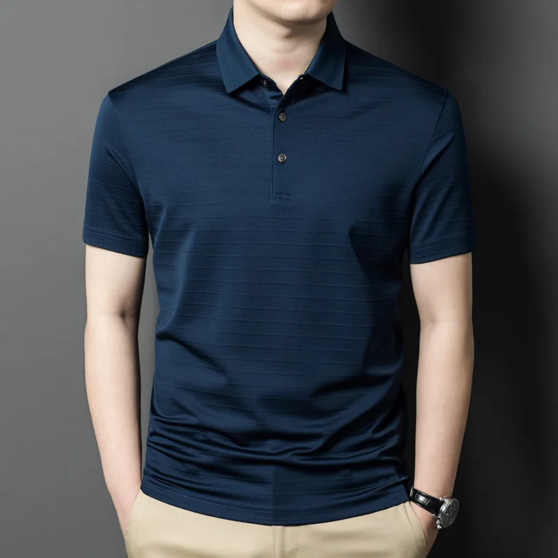 

High Quality Real Silk High-End Dark Pattern Short-Sleeved T-shirt Men's Summer Thin Business Casual Dad Wear