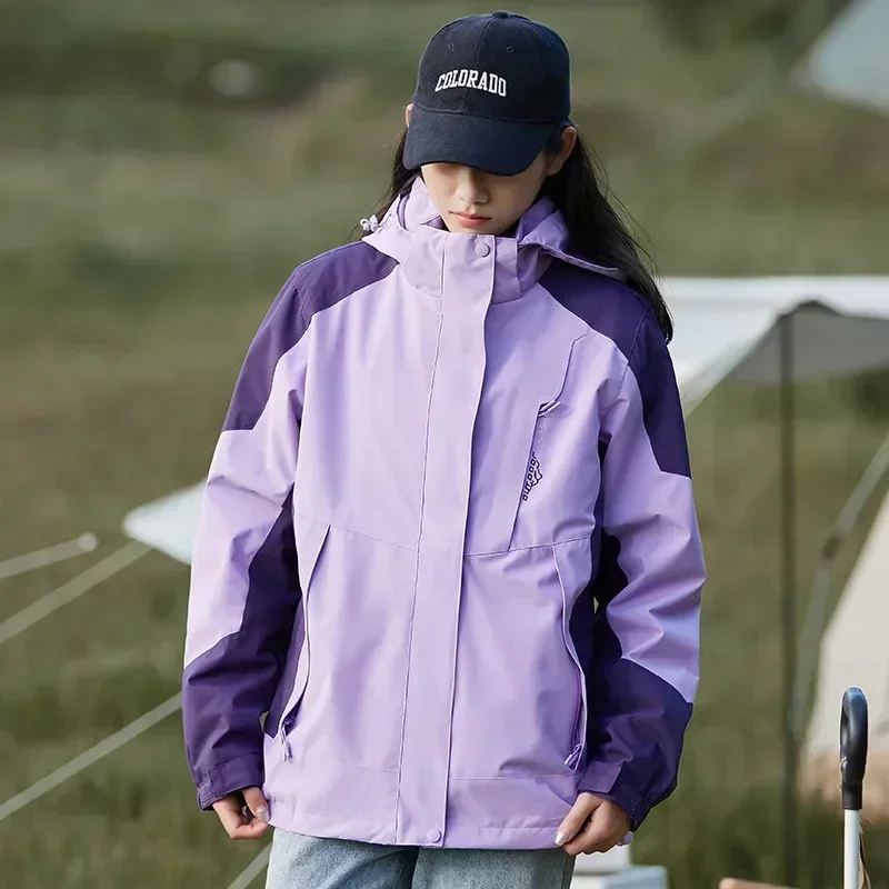 Women's Patchwork Sports Outdoor Jackets Solid Color Windbreaker Long Sleeved Hooded Zippered Couple Mountaineering Coat