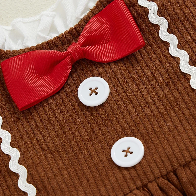 Kids Baby Girls Christmas Dress Ribbed Gingerbread Man Patchwork Ruffled Bow Button Party Xmas Dress