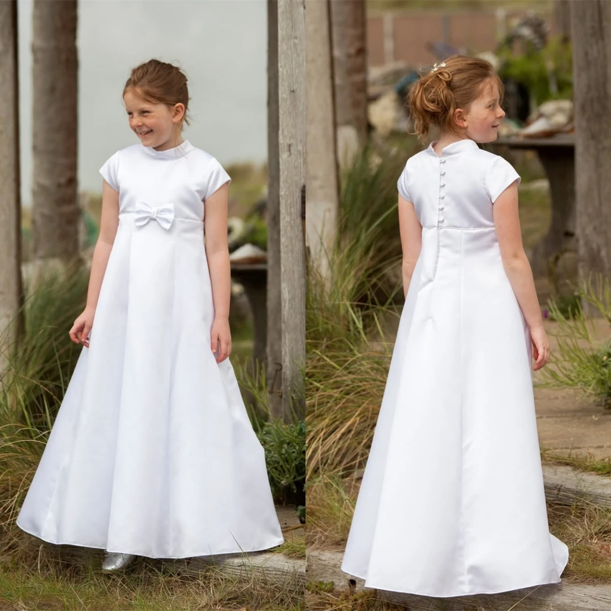 Elegant Princess Wedding Girl Dress Bow A Line Short Sleeve Long Flower Girl Dress Ankle Length Formal First Communion Gowns