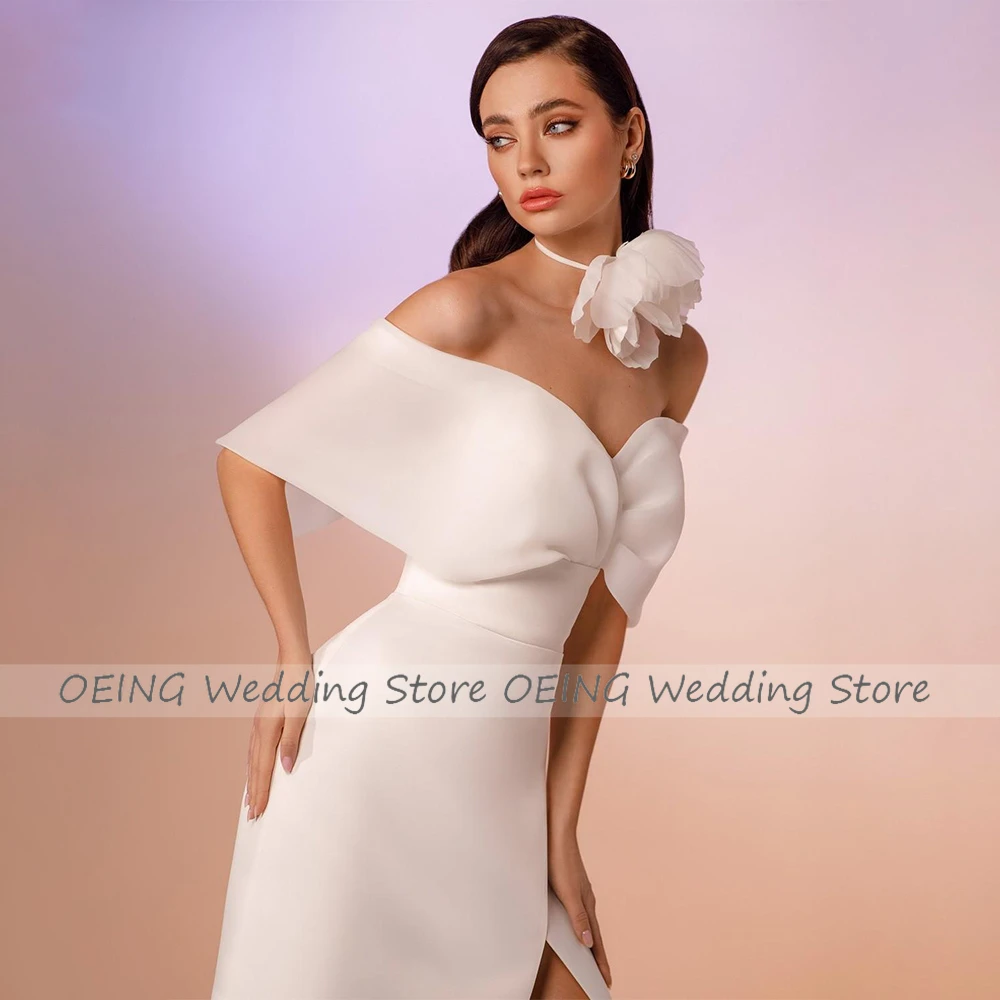 Midi Wedding Dress White Satin Off the Shoulder Column  Gowns for Women 2023 Bride Sheath Tea Length Short Bridal Dresses