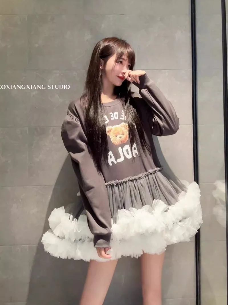 Autumn Winter Cartoon Bubble Sleeves Vestidos Loose Splicing Heavy Industry Mesh Tutu Dress Age-reducing Short Sweatshirt Female