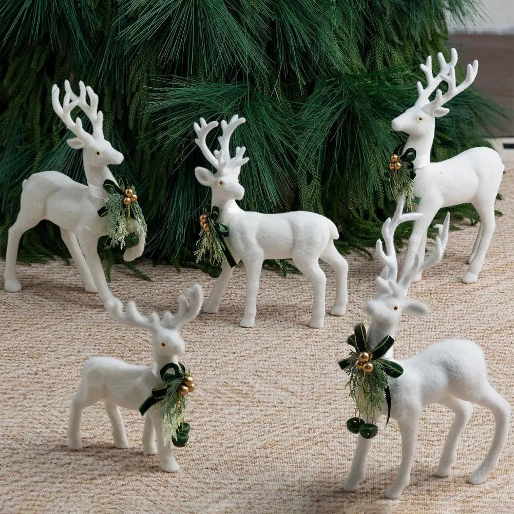 Reusable Tabletop Decoration Pieces White Flocked Elk Ornament with Ribbon Bell 3d Standing Deer Figurine Holiday Home Decor
