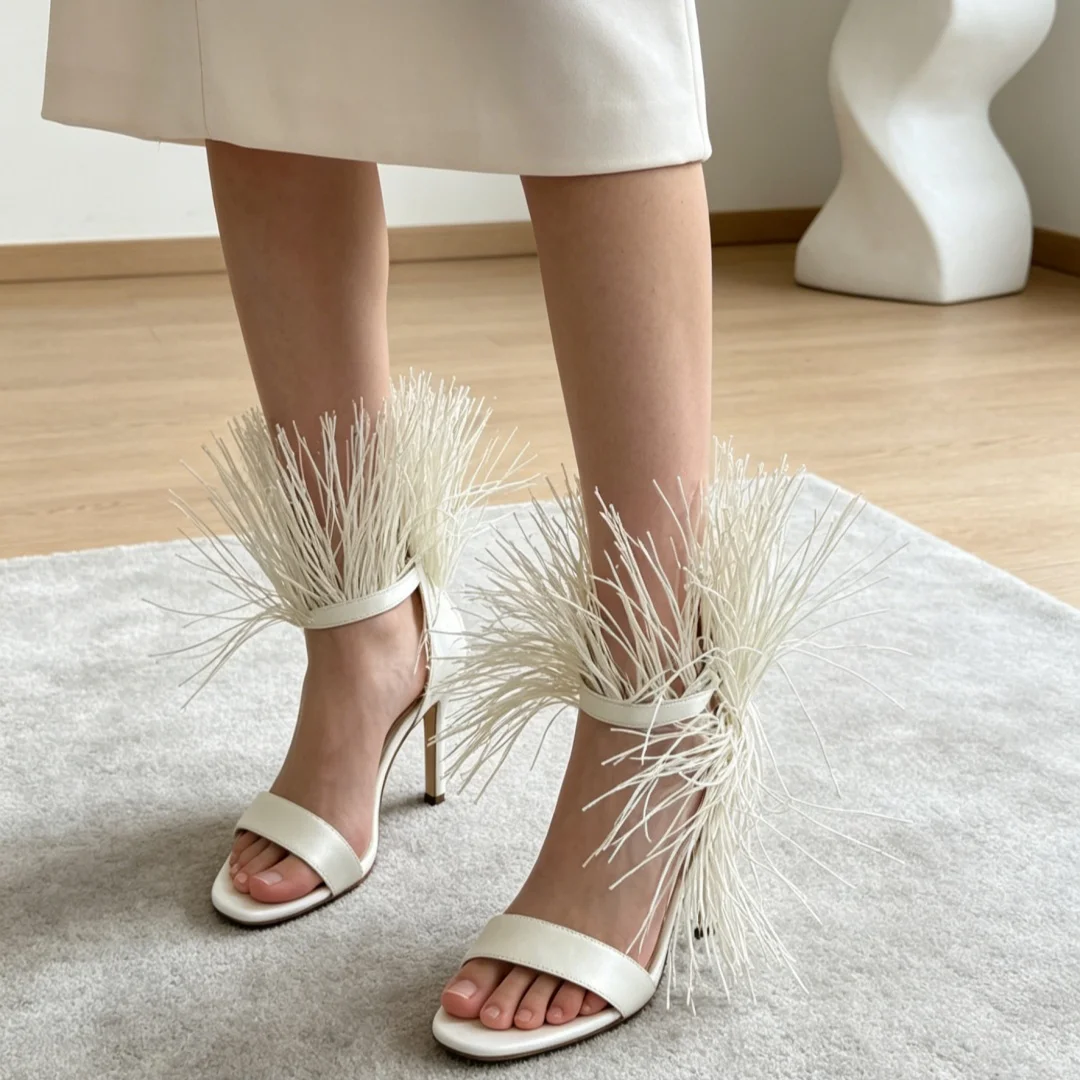 White Leather Women's Sandals Ankle Decorate Striking Raffia Grass Bouncy Ball Single Shoes Female Red Sole High Heels 36-42 New view 3
