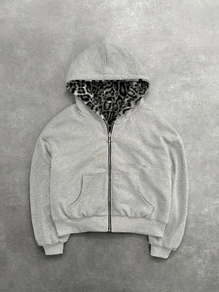 2025 Autumn and Winter New Leopard Print Hoodie Reversible Zipper Loose Sweatshirt