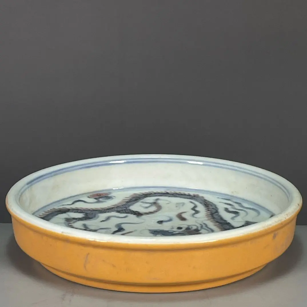 Chinese Antique Porcelain Brush Washer Jianwen Mark Yellow Glaze Wucai Dragon Pattern Collectible Ceramic Ornament