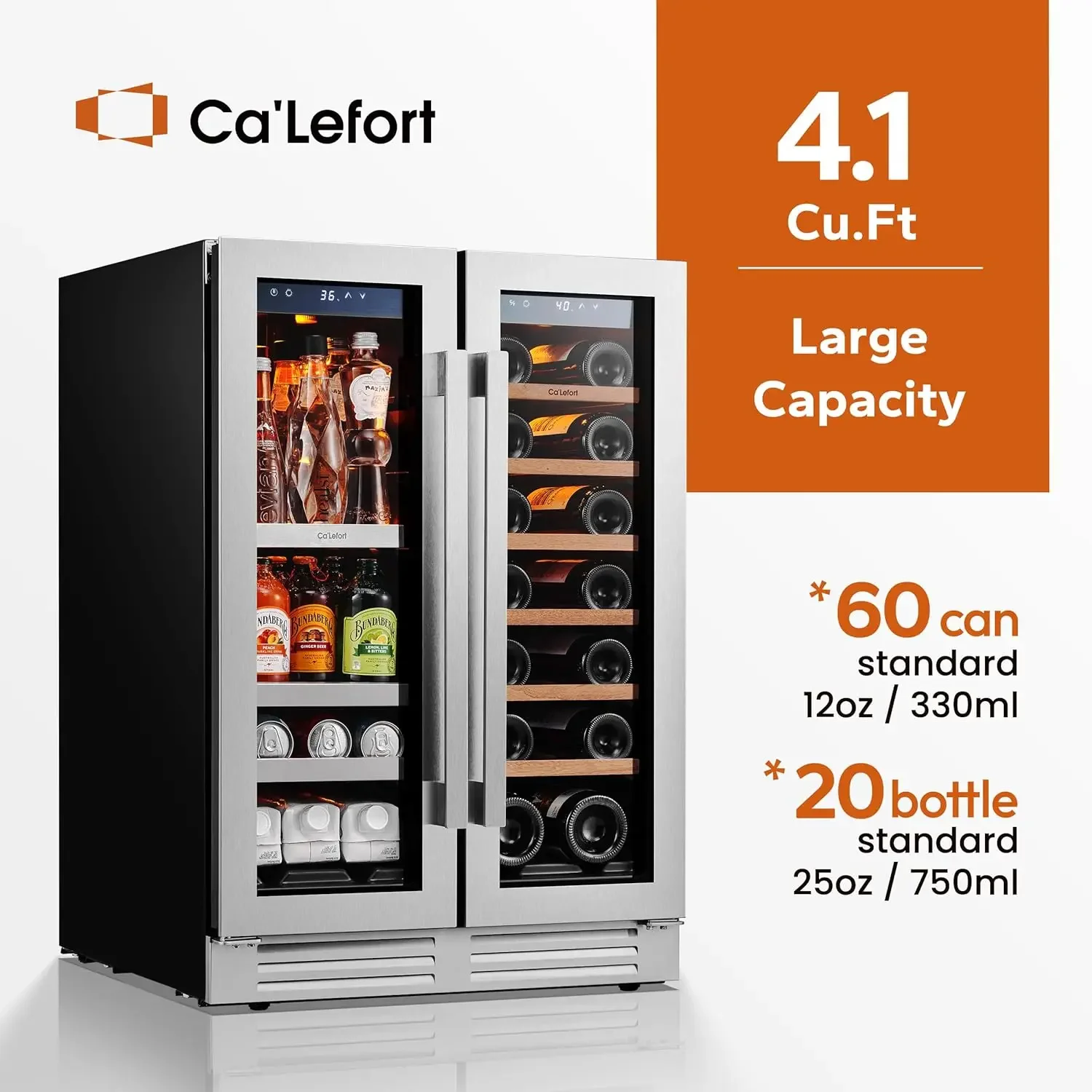 Wine and Beverage Refrigerator 24 Inch, 60 Can and 20 Bottle Wine Fridge Dual Zone 36°F-72°F, 3 LED Beverage Fridge Built in or