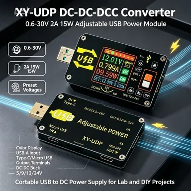 XY-UDP Digital DC Power Supply, USB to 0.6-30V 2A 15W, 5/9/12/24V for Desktop