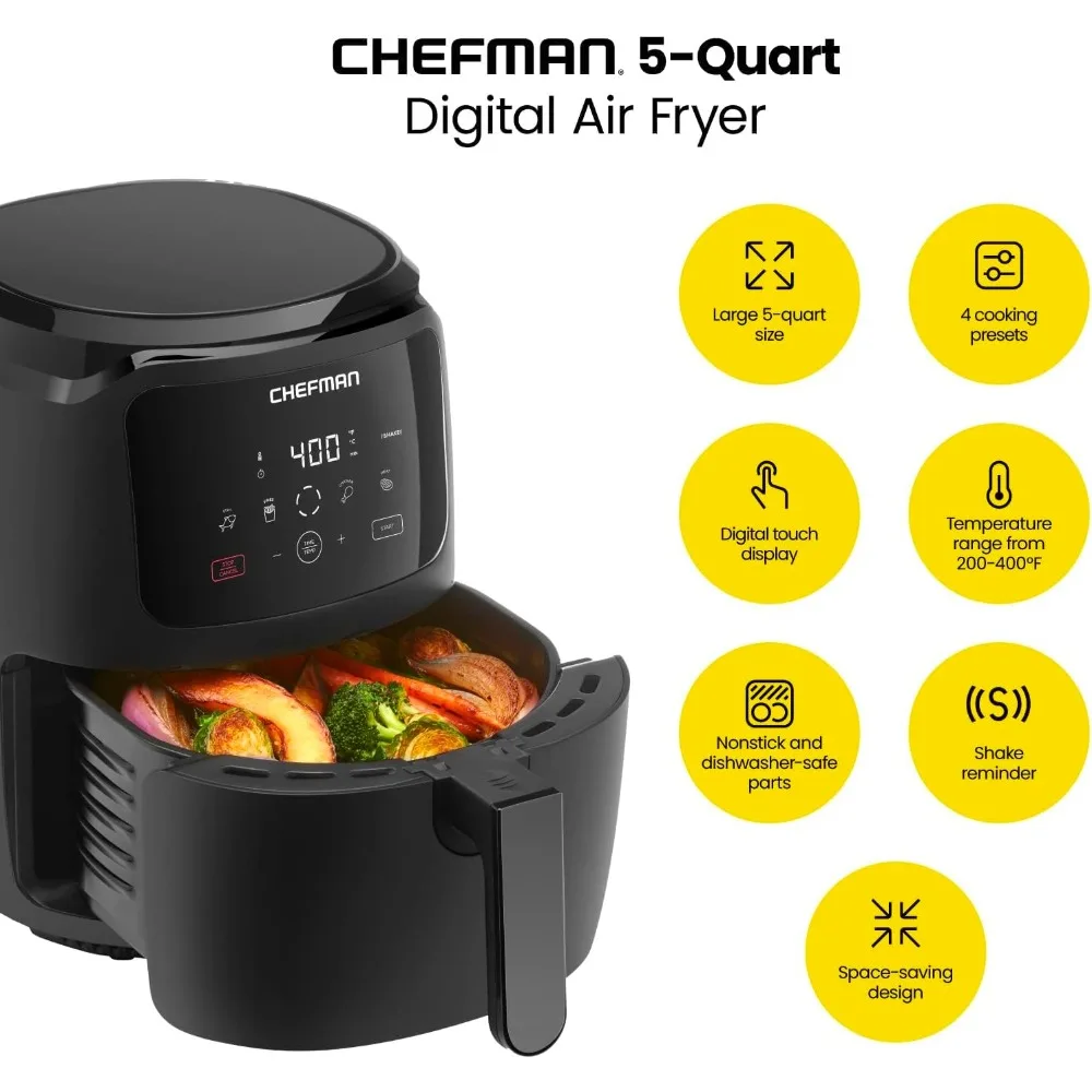 2025 NEW Chefman Digital Air Fryer, Large 5 Qt Family Size, One Touch Digital Control Presets, French Fries, Chicken, Meat, Fish