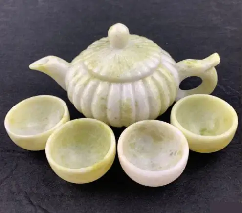 

Natural Jade Teaset Health Gongfu Teaware 1 Teapot 4 Teacup Genuine Lantian Jades Stone Hand Carved Tea Ceremony Kung Fu Teasets