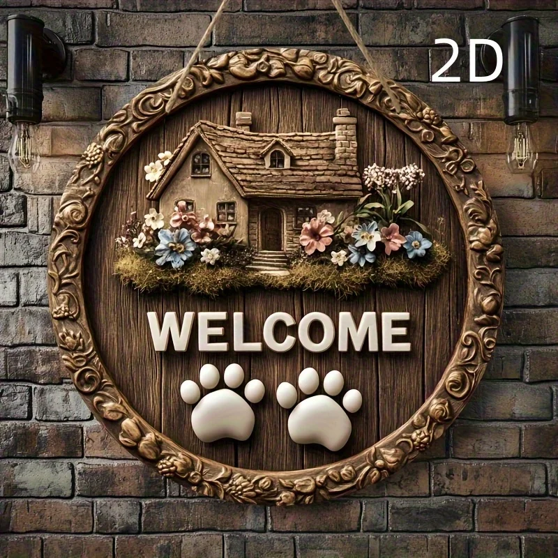 2D flach, 1 Stück klassische Willkommens-Wanddekoration aus Holz – rustikaler Stil, handgefertigtes Blumen- und Pfotenabdruck-Design, geeignet für Zuhause, Café,