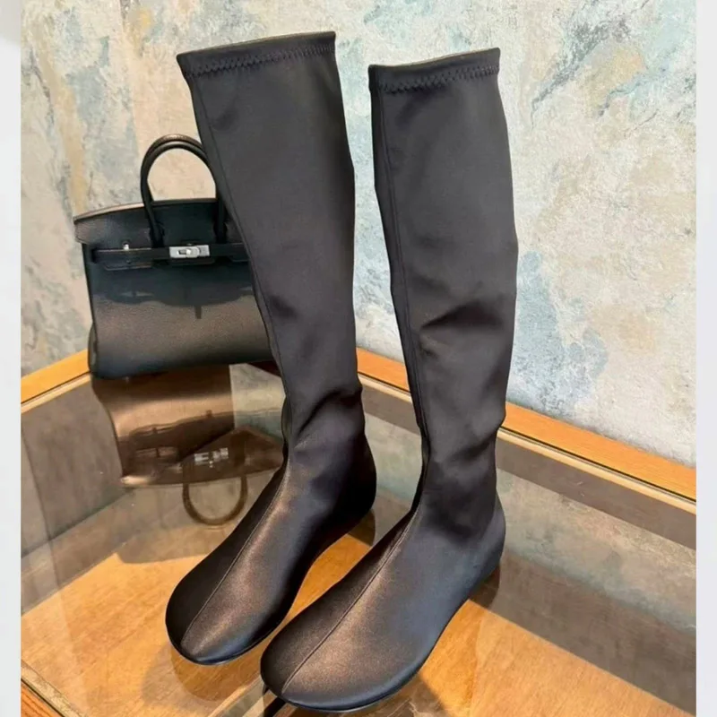 Aneikeh 2027 Fashion Women Black Stretch Sock Boots Round Toe Flat Sole Knee High Pull On Slim Fit Autumn Winter Footwear image 4