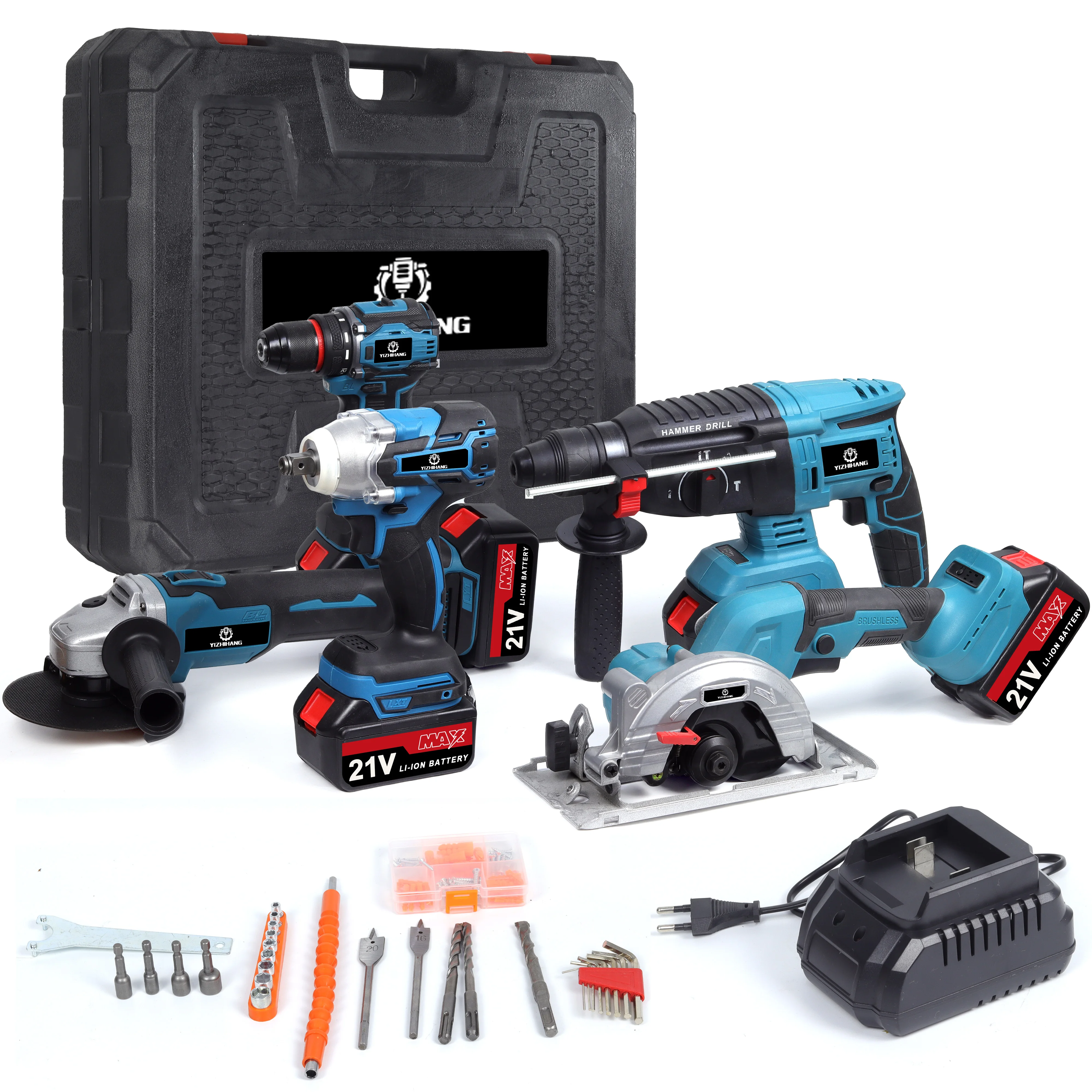 5pcs Power Tools Kits Multifunction Cordless Power Tools Set 5 in 1 Angle Grinder Hammer Wrench Drill Circular Saw Combo Kit
