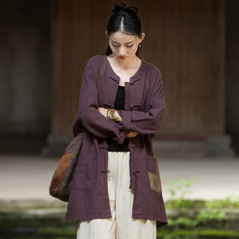 

Женские хлопковые и льняные повседневные пальто, Новое поступление, осень 2025 года, винтажные однотонные свободные женские базовые куртки в китайском стиле M1978