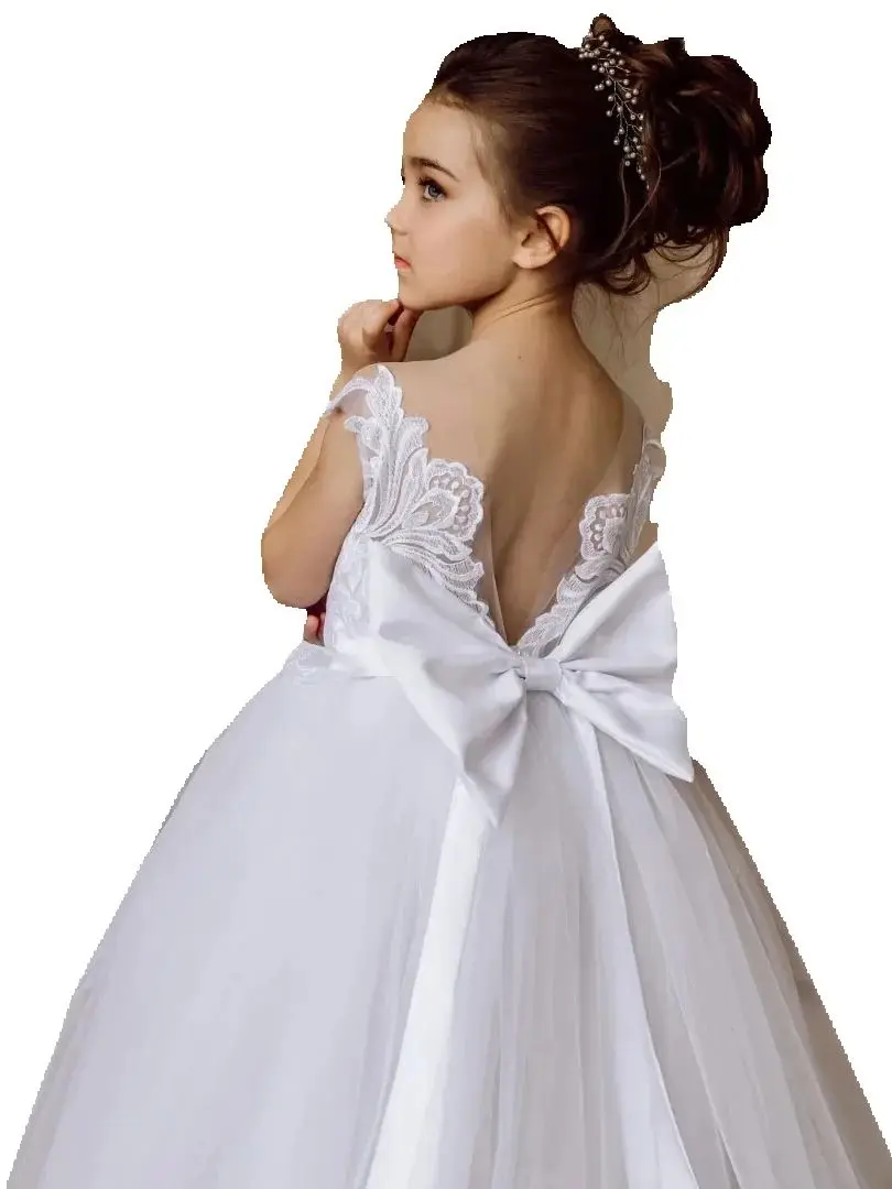 Customized Wedding Birthday White Flower Girl Dress Floral Appliques With Bow Sleeveless For Party Prom Holy Communion Gown