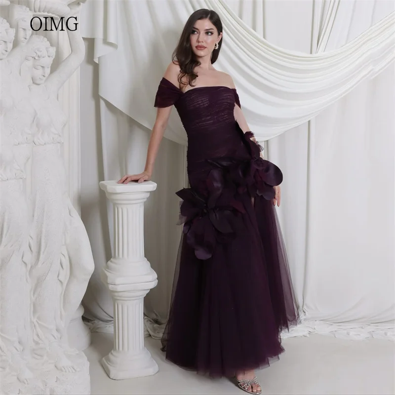 

OIMG Vintage Off The Shoulder A Line Prom Gowns Flowers Backless Party Gown Ankle Length Evening Dress 2026 Customized