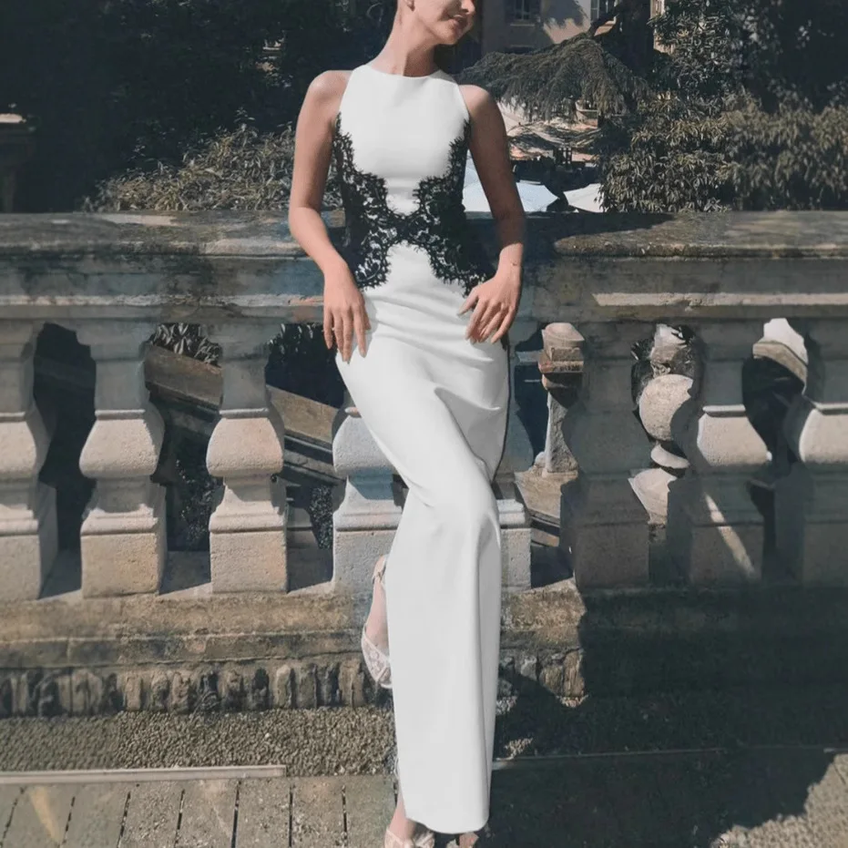 New European and American women's clothing lace contrasting color splicing sexy neck dress fashion temperament dress long dress