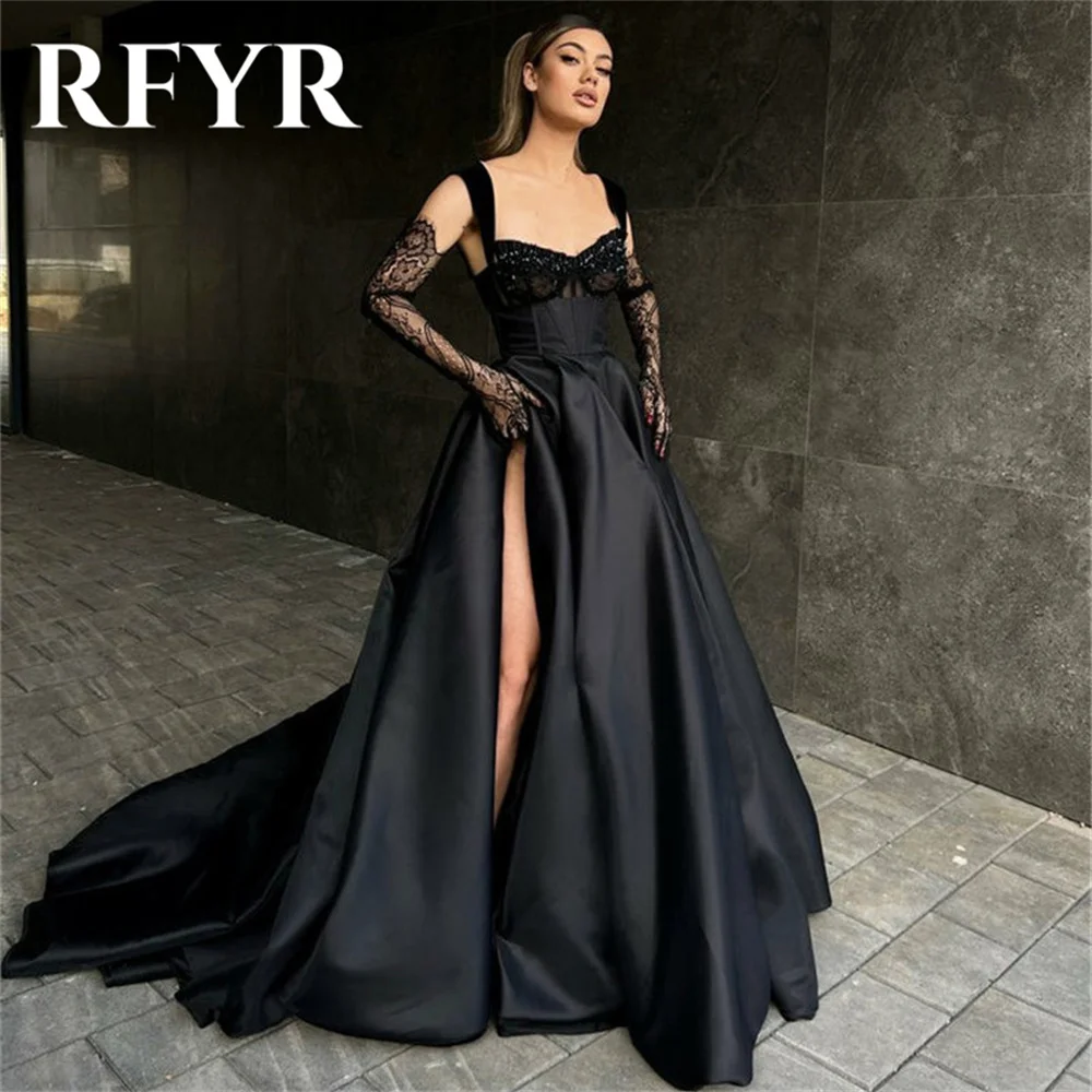 RFYR Black Prom Dress 2024 Sweetheart Neck Sleeveless Evening Dresses Beaded Lace Satin Party Dress Sexy High Side Slit 프롬드레스