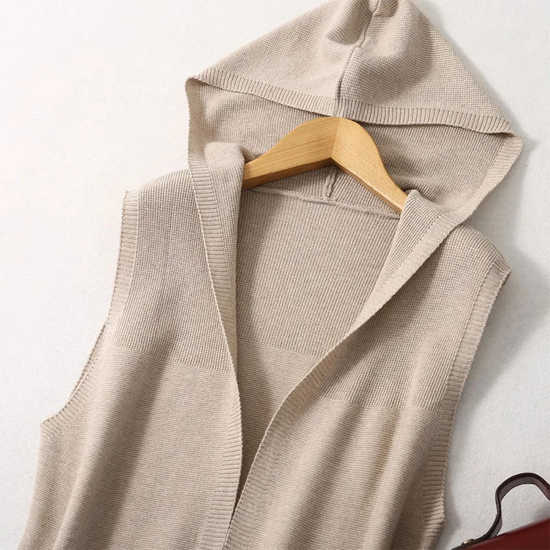 Women Natural Silk with Cashmere Blend Long Type Hooded Vest Cardigan Pocket Top 2022 Fall Winter Warm Sweater LY032