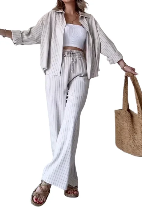 Two Pieces Casual Women Outfits 2023 Autumn New Fashion Loose Striped Shirt Top Straight Trouser Set Daily Style Commuting