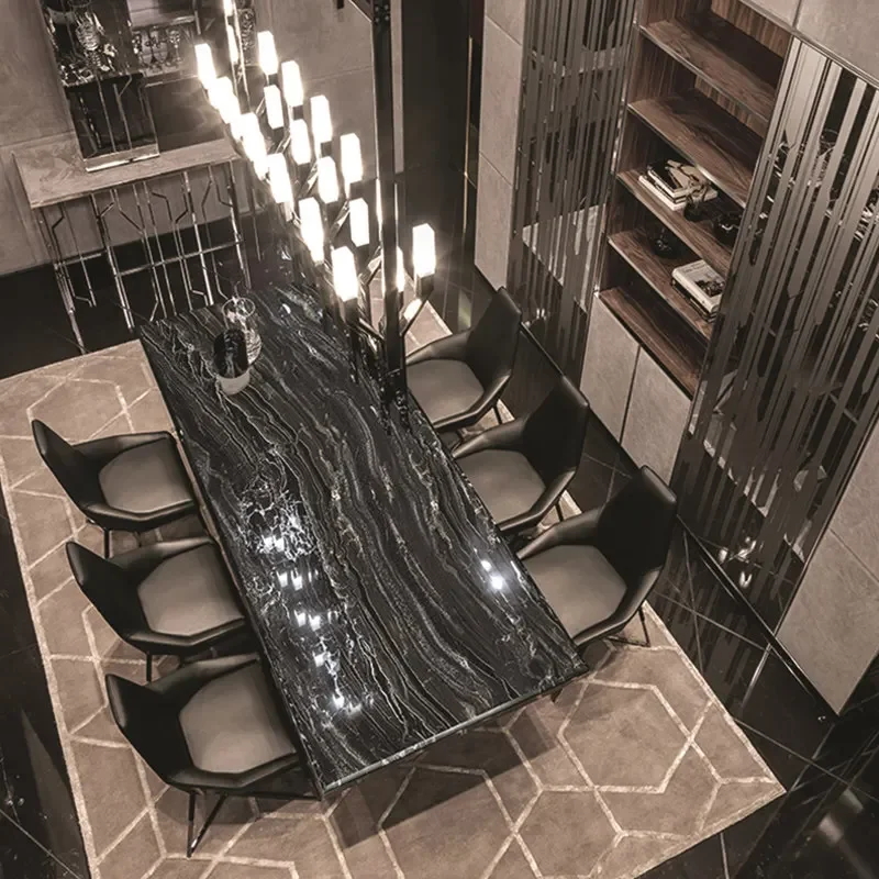 Postmodern light luxury dining table and chair combination household dining table rectangular stainless steel marble dining