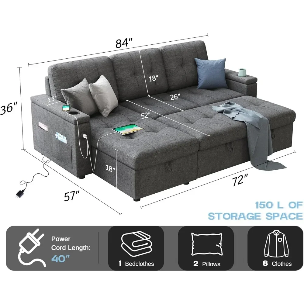 84 Inch Pull Out Couch, Sleeper Sofa with Storage Chaise, L Shape Convertible Couch with 2 USB & Cup Holders, Sectional Sofa