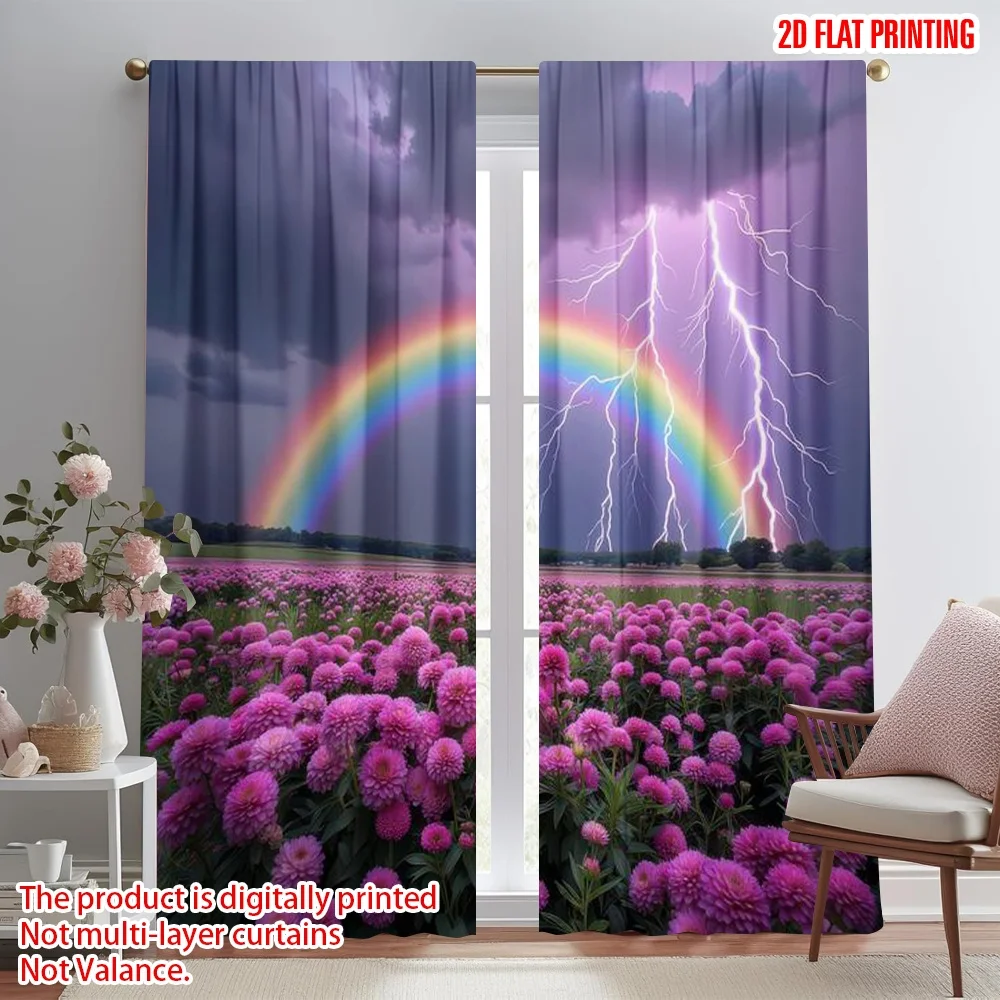 

2D flat printing 2pcs Curtains Rainbow Lightning Over Flowers Digital Printed Polyester Drapes Party Decorations Perfect for