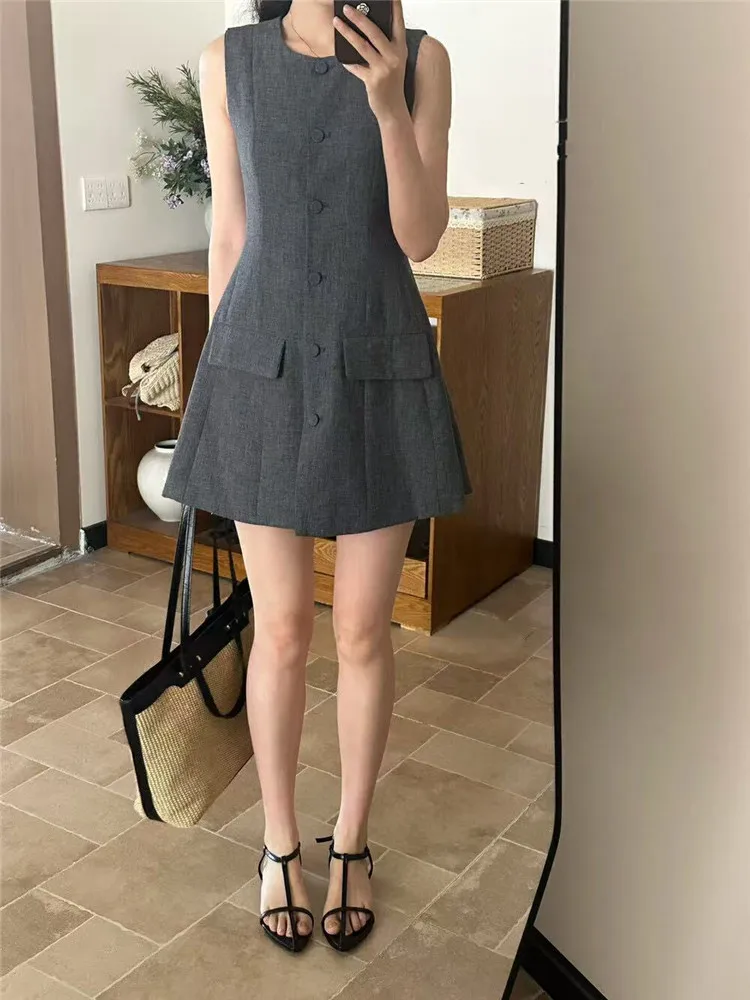 Col rond Style Simple solide abricot gris rose une ligne Mini robe nouvel été femmes simple poitrine sans manches décontracté robe courte débardeur