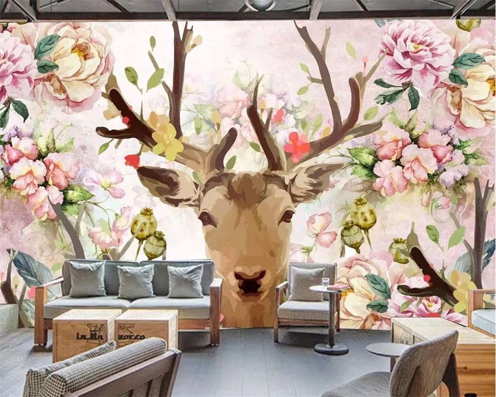 

Custom wallpaper stereo TV background deer head pink white peony hand painted wallpaper Children's room background wall Mural